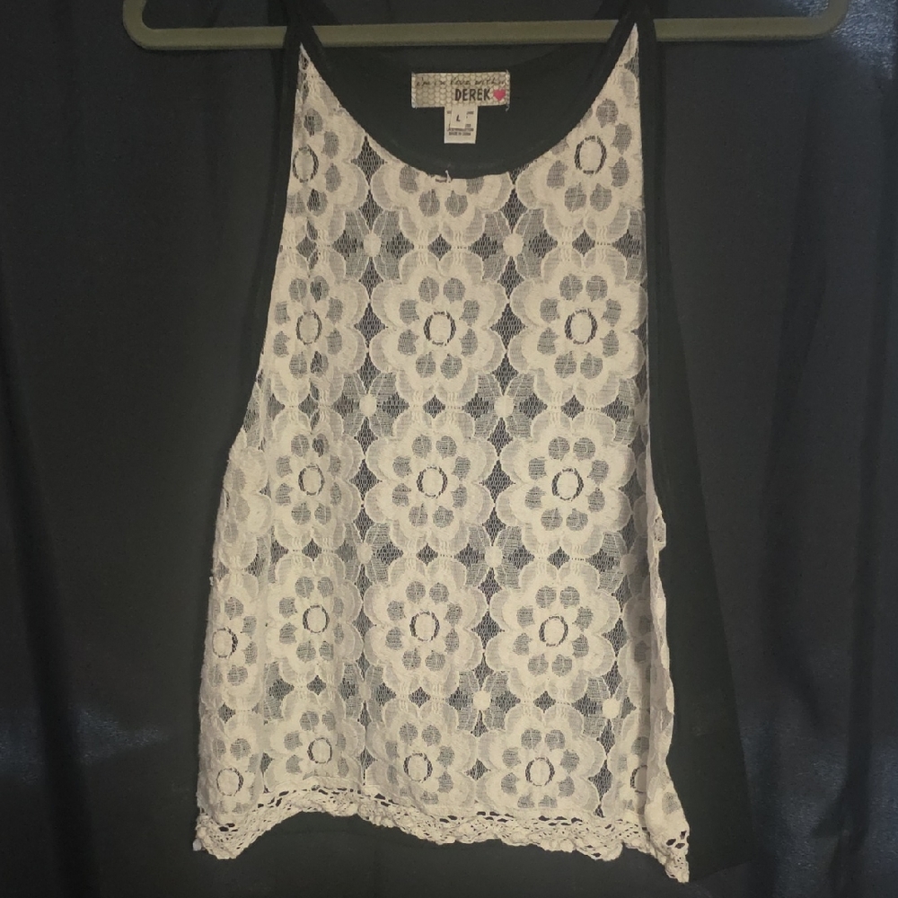 Derek Heart Women's Black and White Floral Lace Tank Top